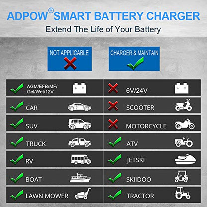 5A 12V Automatic Smart Battery Charger Automotive Maintainer 7-Stages Trickle for Deep Cycle Car Marine Trolling Motor Boat Truck Lawn Mower RV AGM with Terminal Cleaning Brush
