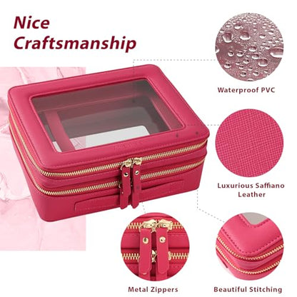 Aveniee XL Clear Makeup Organizer,Double Layer Travel Cosmetic Case with Brush Holder & Zippered Compartments,Big Toiletry Bag for Travel Accessories,2 Layers Large,Hotpink - color: PitayaPink, style: Dual Layer Large