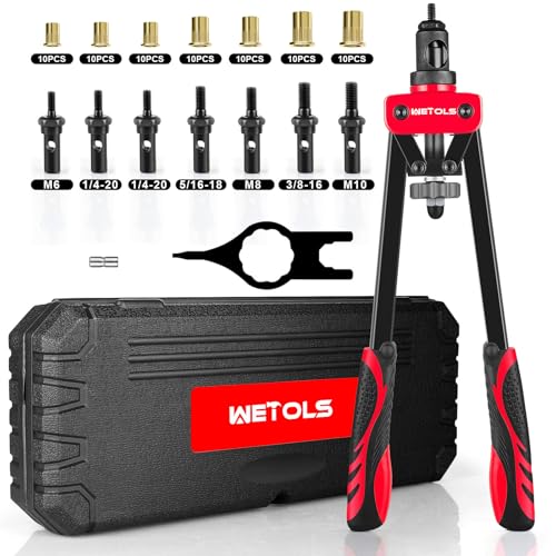 WETOLS Rivet Nut Tool Kit, 14'' Rivnut Tool with 7 Metric and SAE Mandrels | Professional Hand Riveter with 70Pcs Rivnuts Assortment Kit, Manual Rivet Nut Gun with Rugged BMC Case - size: 14" rivet nut tool with 7 mandrels