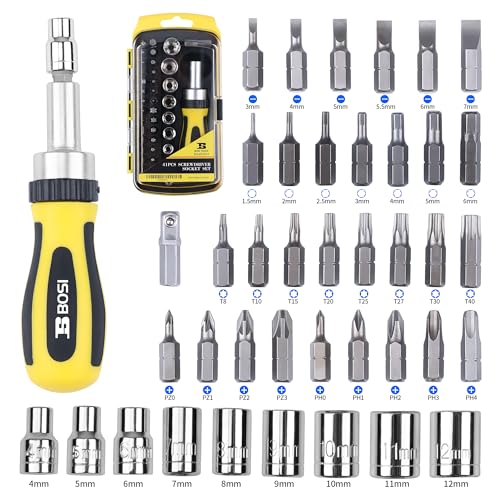 BOSI TOOLS Ratchet Screwdriver Set 41 Pieces Socket Set Magnetic Screwdriver Bit Set with Ratchet Handles & Storage Box Household Repair Kit for Bike Electronic Projects