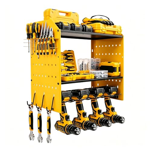 Power Tool Organizer Wall Mount, Garage Drill Storage Shelf with Hooks, Heavy Duty Metal Premium Garage Tool Shelf,Cordless Tool Storage Rack for Garage, Tool Room,Yellow - color: Yellow-4tier