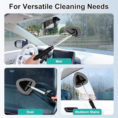 JUSTTOP Windshield Cleaner Tool, Car Interior and Exterior Window Cleaning Kit with Extendable Handle & 4 Reusable Microfiber Pads, Auto Glass Wiper Brush Kit for Car & Home Windows (Grey) - color: Gray