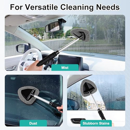 JUSTTOP Windshield Cleaner Tool, Car Interior and Exterior Window Cleaning Kit with Extendable Handle & 4 Reusable Microfiber Pads, Auto Glass Wiper Brush Kit for Car & Home Windows (Grey) - color: Gray