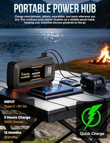 EcoNour Battery Jumper Starter Portable 1600A Peak Up to 7L Gas & 5L Diesel Engines 12V Lithium Jump Box with Jumper Cables, USB Charger, LCD Display, LED Flashlight – for Cars, SUVs, Trucks - color: Black