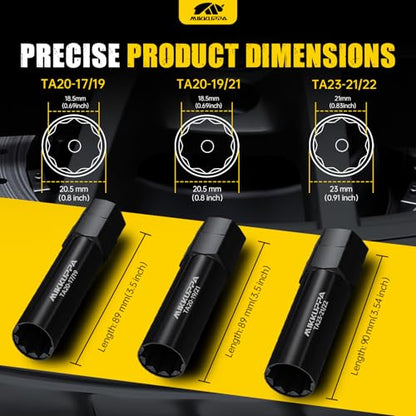 MIKKUPPA 10 Spline Lug Nut Key Set, 3 Pack 10 Point Lug Nut Removal Socket | Black Alloy Steel, For Wheel Nuts and Lug Bolts, TA20-17/19, TA20-19/21, TA23-21/22, Passenger Car/SUV/Truck Hex Drive - size: TA20-17/19 & TA20-19/21 & TA23-21/22, style: 3 Pack