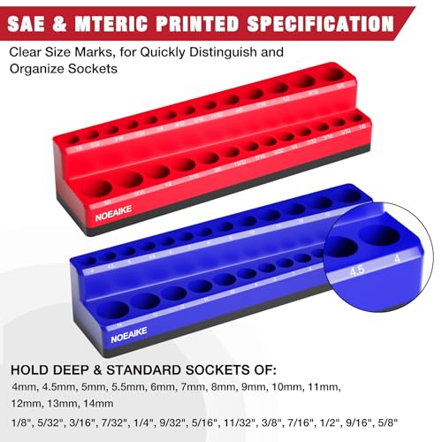 1/4 Inch Magnetic Socket Organizer,2-Pack Metric &SAE Sockets Holder Set 1/4" Drive Socket Trays,Holds 52 Pcs Standard and Deep Size Sockets(Socket not Included) - size: 1/4"SAE&METRIC/2PCS