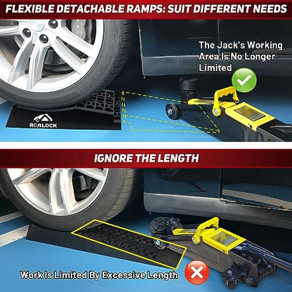 ROBLOCK Removable Low Profile Car Ramps for Jack Support and High Lift, Heavy Duty Car Ramps for Low Cars, Detachable Vehicle Ramps for Garage,15.35''-27.83'' L, 2Packs