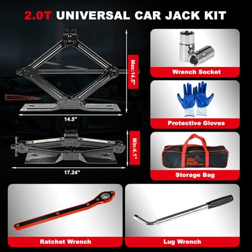 Big RED Car Jack 2Ton/4409 lbs Universal Scissor Jack with Rubber Pad, Portable Tire Changing Kit with Lug Wrench, Emergency Kit for Sedan SUV MPV - size: 2Ton