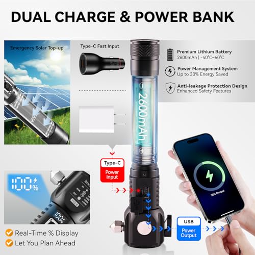 18-in-1 Car Emergency Flashlight, Window Breaker Seatbelt Cutter | 800LM solar/usb flashlight, magnetic base, emergency power bank, electric lighter, 120dB alarm & compass. Ideal driver gift