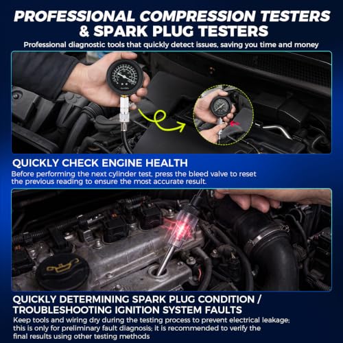 DISEN 14 PCS Compression Tester Kit, 0-300 PSI Triple-Scale Gauge with Fluorescent Dial, 5 Metal Adapters M10-M18 & 2 Spark Plug Testers, for Gasoline Engines Cars Trucks ATV Small Engines