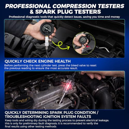 DISEN 14 PCS Compression Tester Kit, 0-300 PSI Triple-Scale Gauge with Fluorescent Dial, 5 Metal Adapters M10-M18 & 2 Spark Plug Testers, for Gasoline Engines Cars Trucks ATV Small Engines