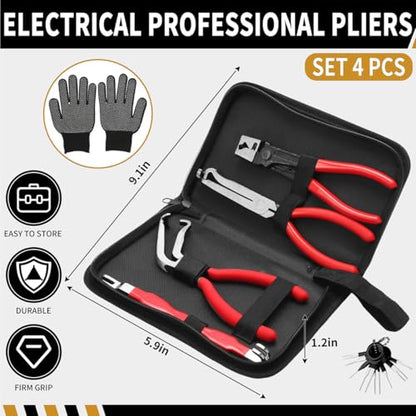 4 Pieces Electrical Disconnect Pliers for Cars,Automotive Electrical Plug with 8 Pcs Terminal Removal Tools,Separator with Straight & 60° Pliers,Valentines Gifts（Comes with gloves and tool kit）