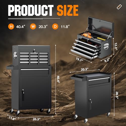 Oakcloud Heavy-Duty 5-Drawer Rolling Tool Chest & Cabinet Combo with Black Liner – Lockable Steel Garage Tool Box on Wheels – Detachable Top Toolbox & Bottom Storage Cart with Side Hooks, Black - color: Black, size: 5-drawer