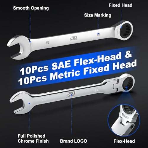 Prostormer 20-Piece Ratcheting Combination Wrench Set | 10Pcs SAE Flex-Head 1/4" to 3/4" & 10Pcs Metric Fixed Head 6-18mm, 72-Tooth, Cr-V Steel, Organizer Pouch - style: 20-Piece Metric & SAE