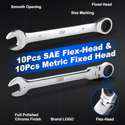Prostormer 20-Piece Ratcheting Combination Wrench Set | 10Pcs SAE Flex-Head 1/4" to 3/4" & 10Pcs Metric Fixed Head 6-18mm, 72-Tooth, Cr-V Steel, Organizer Pouch - style: 20-Piece Metric & SAE