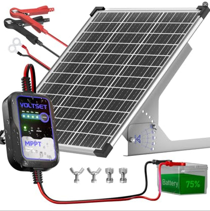 Voltset 50W Solar Panel Kit 12V Solar Battery Trickle Charger & Maintainer | MPPT Charge Controller | Waterproof Solar Panel Battery Charger | for Car RV Boat Marine Trailer | Adjustable Mount Bracket - size: mppt 50w