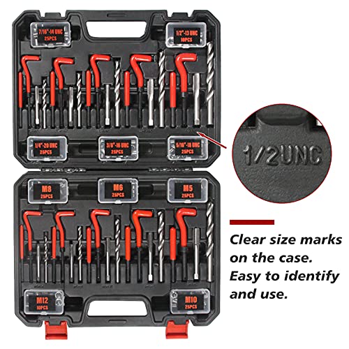Thread Repair Kit, 261-Piece HSS Drill Helicoil Repair Kit SAE & Metric 1/4" 5/16" 3/8" 7/16" 1/2" M5 M6 M8 M10 M12 with HSS Drill Threaded Inserts Screw Tap Installation and Tang Break Tool