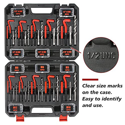Thread Repair Kit, 261-Piece HSS Drill Helicoil Repair Kit SAE & Metric 1/4" 5/16" 3/8" 7/16" 1/2" M5 M6 M8 M10 M12 with HSS Drill Threaded Inserts Screw Tap Installation and Tang Break Tool