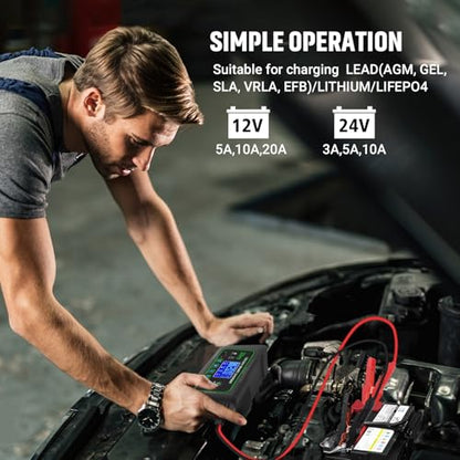 20 Amp Smart Battery Charger, 12V/20A and 24V/10A Car Battery Charger, Trickle & Maintainer Pulse Repair for Lithium, Lifepo4, Lead-Acid (AGM/Gel/SLA), Boat, Motorcycle, Golf Cart, Tractors - color: 20A-green