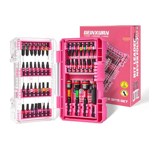 Geinxurn 47Pieces Impact Screwdriver Bits Set, Magnetic S2 Steel 1” Phillips/Square/Torx/Slotted/Hex/Security Torx Bits Tips,Impact Bit Holder with Pink Storage Box Case - style: UTC047-PK