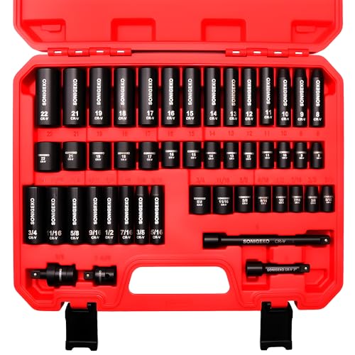 48-Piece 3/8" Drive Impact Socket Set, Standard SAE (5/16 to 3/4 inch) and Metric (8-22mm) Size, 3" and 6" Drive Extension Bar, Impact Universal Joint, 3/8" to 1/2" Impact Adaptor, CR-V Steel - size: 48 PCS, 3/8" Socket Set, Metric & SAE