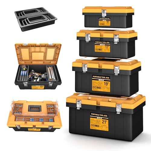 4-In-1 Tool Box Set,Toolbox with 8 Removable Trays,Top with Transparent Parts Box,15 IN+17 IN+19 IN+21 IN,Portable Tool Box Organizer with Metal Buckle,for Garage Tool Storage and Professional Work