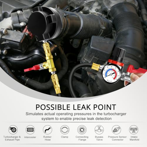 Turbo Boost System Leak Tester Kit 17PCS Turbocharger Leakage Detector Set | Turbine Pressure Testing Tool (6 Bar), 7 Pairs Stepped Adapters (1-1/4" to 4" Inlet & Outlet Plugs), Smoke Machine Connector