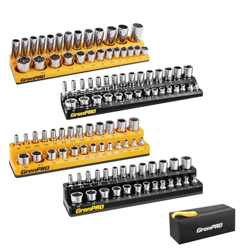 Socket Organizer, Magnetic Socket Holder Set, 4 Piece SAE & Metric Socket Trays Includes 1/4", 3/8" Drive Holds 108 Sockets - style: 4-Piece Magnetic Socket Holder