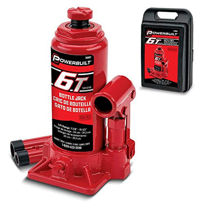 Powerbuilt Bottle Jack, 6 Ton Capacity, Heavy Duty 12000 Pounds Hydraulic Vehicle Lift with Stable Base - Red 640407 - size: 6 Ton