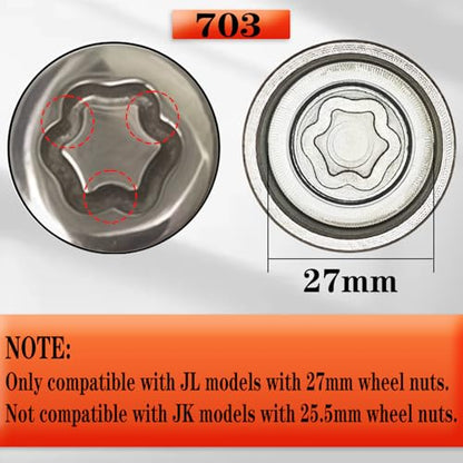JL 703 for 27mm Nuts, Wheel Locking Nut Key for Jeep (JL) Dodge | Wheel Lock Nut Socket Adapter, Anti-Theft Lug Nut Removal Tool, Anti-Theft Screw Remover, Repair Tool, Tyre Fitting, garage - size: 703