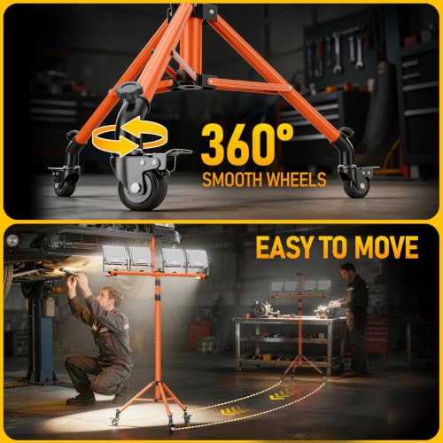 4-Head 32000LM LED Work Light with Stand & Wheel, 280W Tripod Light | 6500K, Adjustable Height, 360° rotation, IP66, Foldable, Individual Switch Light, Suitable to Job Site, Construction, Garage - color: Orange