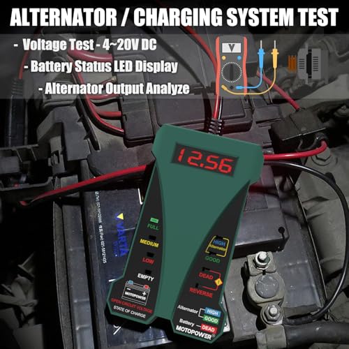 MOTOPOWER MP0514E 12V Digital Car Battery Tester Voltmeter and Charging System Analyzer with LCD Display and LED Indication - Midnight Green Rubber Paint