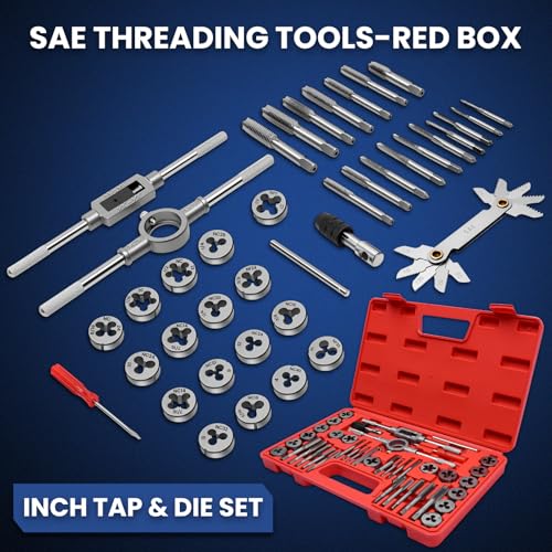 40 PCS SAE Tap and Die Set, Standard Inch Threading Tool Kit for Internal and External Threads, Tap & Die Set with Wrenches for Automotive, DIY, and Metal Repair - size: 40 Pcs SAE