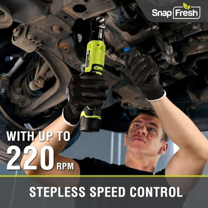 SnapFresh 12V Electric Ratchet Cordless, 3/8" with 9 Socks & 1/4" Adapter | UL Certificated Battery & Charger, 55Ft-lbs Torque,0-220RPM Speed Control, 2 Battery, 50-min Runtime, Cordless Ratchet Wrench