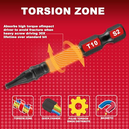 Geinxurn 51 Pieces T10 Impact Tough Magnetic Screwdriver Bit Set, 2 In. #10 Torx Head Power Bit Set, S2 Alloy Steel T10 Star Bit with 1Pcs Impact Bit Holder - size: 2"-51PCS, style: T10