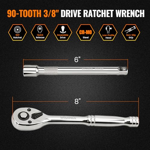 3/8" Drive Ratchet Wrench Set, 90T Quick-Release Reversible Ratchet, Cr-Mo Steel with 6" Extension Bar for Automotive & Home Repair - size: 3/8"