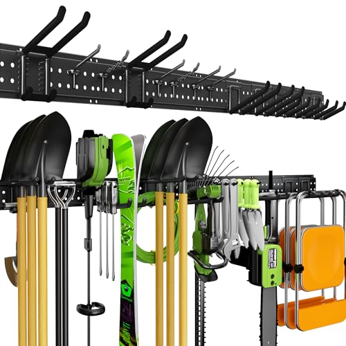 Garage Tool Organizer Wall Mount, 66 Inch Heavy Duty Garage Organization System with 13 Adjustable Hooks, Garden Tool Storage Rack for Garage, Yard & Shed, Holds Up to 520 lbs - size: 66" | 4 Panels + 13 Hooks
