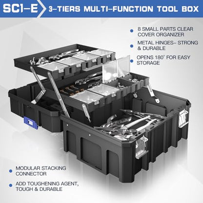 5 Tier Stackable Tool Box with Wheels,Rolling Tool Box with Drawers,Modular Tools Organizer,Portable Tool Box with Transparent Parts Box,Large Capacity Toolbox,for Garage Storage,Home and Repair Shop