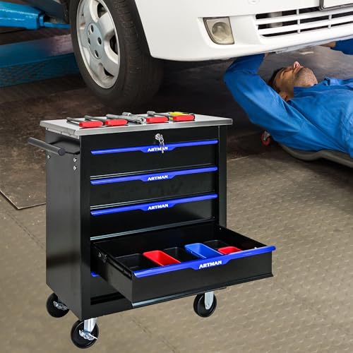 5 Drawer Heavy Duty Rolling Tool Chest, Mobile Metal Lockable Tool Cart with Stainless Steel Worktop, Garage Tool Storage Cabinet for Workshop Auto Repair, Black & Blue, 30.7" H × 25.9" W - size: 5 Drawers