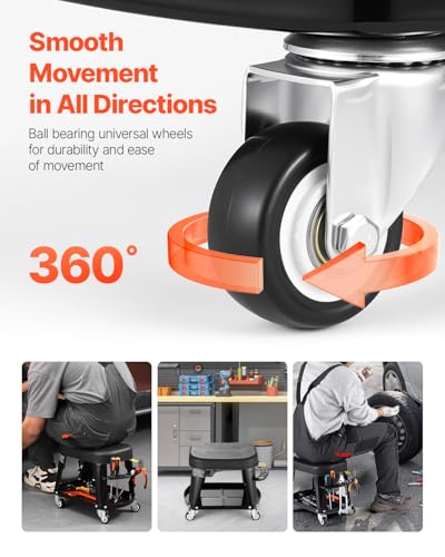 VEVOR Mechanic Stool, 300 lbs Capacity, Black, Industrial Style, Plastic Seat, Wheels, 360 Swivel, Tool Tray, Screwdriver Rack - color: Black