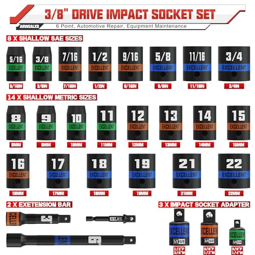 50 Piece 3/8" Drive Impact Socket Set, SAE (5/16''-3/4'') and Metric (8-22mm) Socket Kit, Extension bar & Adapter, 6 Point, Automotive Repair, Equipment Maintenance - size: 3/8 Inch Metric/SAE