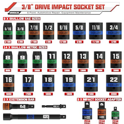 50 Piece 3/8" Drive Impact Socket Set, SAE (5/16''-3/4'') and Metric (8-22mm) Socket Kit, Extension bar & Adapter, 6 Point, Automotive Repair, Equipment Maintenance - size: 3/8 Inch Metric/SAE