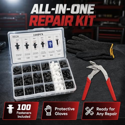 Car Clip Pliers with 100 Fasteners & Gloves, Professional Panel Clip Pliers for Door Panels, Push Pins & Plastic Fasteners, Heavy-Duty Damage-Free Trim Removal Kit