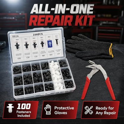 Car Clip Pliers with 100 Fasteners & Gloves, Professional Panel Clip Pliers for Door Panels, Push Pins & Plastic Fasteners, Heavy-Duty Damage-Free Trim Removal Kit