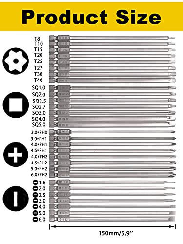 Rocaris 30 Pack 1/4 Inch Hex Shank Long Magnetic Screwdriver Bits Set | 6 Inch Power Tools(Slotted+Cross+Square +Torx)