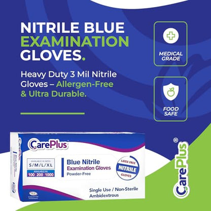 CARE PLUS Nitrile Gloves for Medical Use - Powder & Latex-Free - Black/Blue - S, M, L, XL - 100, 200, 1000 - color: Blue, size: Large