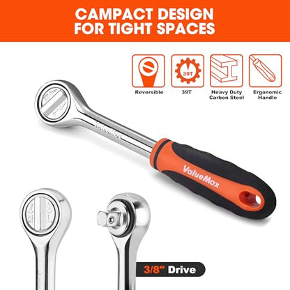 ValueMax Metric 1/4" & 3/8" Drive Socket Set, 21PCS 4-19mm Socket Wrench | Car Tool Kit with Ratchet Wrench, Extension Bars, Adapter, Spinner Handle and Storage Case, for Automotive Repair