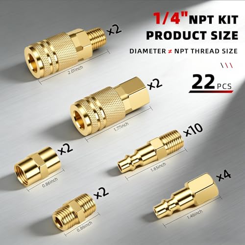 22PCS 1/4 Inch Quick Connect Air Hose Fittings, Premium Metal Air Compressor Fittings, Air Tool Quick Connect Air Line Fittings (Compatible with Air Compressors, Air Hoses, Air Nailers)