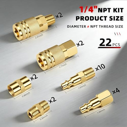 22PCS 1/4 Inch Quick Connect Air Hose Fittings, Premium Metal Air Compressor Fittings, Air Tool Quick Connect Air Line Fittings (Compatible with Air Compressors, Air Hoses, Air Nailers)