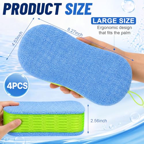 4 Pack Large Microfiber Car Wash Sponges, Cleaning Extra Thick Multi-Purpose Non Scratch Dual-Sided Scrub Pad Reusable Pad for Car, Trucks, Suvs, Boat, Bathroom, Kitchen(Green) - color: Green